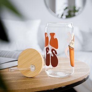Autumn Sipper Glass: 16oz Fall Decor Coffee Glass with Optional Bamboo Lid