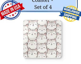 Cute Cat Faces Coaster Set of 4 – Funny Cat Pattern Drink Coasters, Cat Lover Gift Set, Cat Dad Home Decor for Coffee Tables