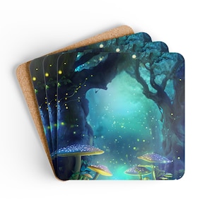 Enchanting Nature Cork Coaster Set, Mushroom Home Decor, Eco-Friendly Drink Coasters, Gift for Nature Lovers, Magical Forest Coasters