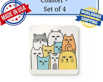 Funny Cat Coaster Set of 4 – Cute Cartoon Cat Drink Coasters, Gift for Cat Lovers, Cat Mom Home Decor for Coffee Table