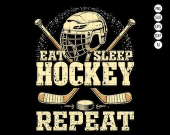 May include: A graphic design with the text "Eat Sleep Hockey Repeat" in a distressed font. The design features two crossed hockey sticks, a hockey puck, and a hockey helmet.