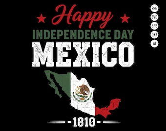 May include: A black graphic design with the text "Happy Independence Day MEXICO" in white and green, with red stars. The design includes a map of Mexico in the colors of the Mexican flag and the year 1810.