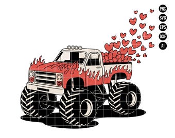 May include: A red monster truck with flames on the side is carrying a bed full of red hearts. The truck has large black tires and is driving on a white background.