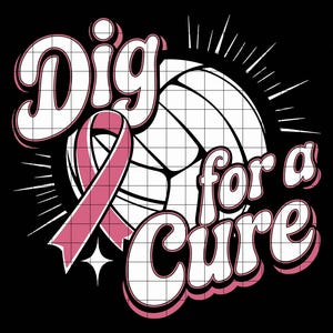 以下が含まれることがあります： 「Dig for a Cure」の文字がレトロなフォントで描かれたグラフィックデザイン。バレーボールとピンクのリボンが黒い背景に配置されています。デザインは白とピンクです。