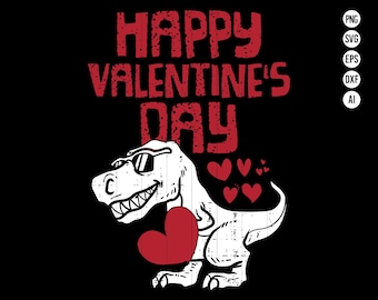 May include: Happy Valentine's Day graphic with a cartoon dinosaur wearing sunglasses and holding a red heart. The dinosaur is white with a textured pattern. The text is in red.
