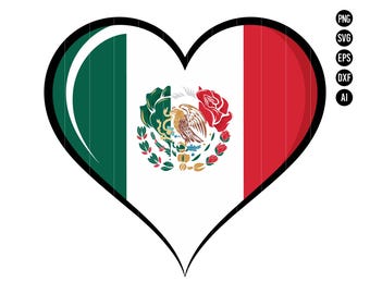 May include: A heart-shaped design featuring the Mexican flag. The flag is green, white, and red with the Mexican coat of arms in the center.