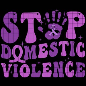 Könnte beinhalten: Lilafarbenes Grafikdesign mit dem Text "STOP DOMESTIC VIOLENCE" in einer Retro-Schriftart. Ein lilafarbener Handabdruck mit einem lilafarbenen Band befindet sich in der Mitte des Designs.