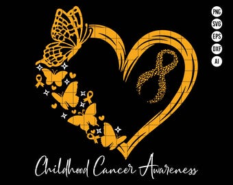May include: Gold heart with a ribbon made of dots inside and a butterfly with smaller butterflies around it. The text "Childhood Cancer Awareness" is below the heart.