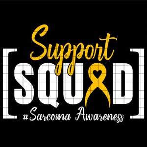 May include: A white graphic with a yellow ribbon and the text "Support Squad #Sarcoma Awareness" in a black and white grid.