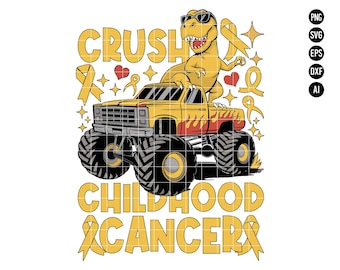 May include: A yellow monster truck with a dinosaur on top, driving over the words "Crush Childhood Cancer". The dinosaur is wearing sunglasses and has a yellow ribbon around its neck. There are hearts and stars around the truck and dinosaur.