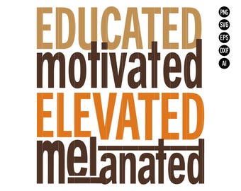 May include: A graphic design with the words "EDUCATED, MOTIVATED, ELEVATED, melanated" in a stacked format. The words are in a mix of brown and orange colors against a white background. The design also includes file type icons.