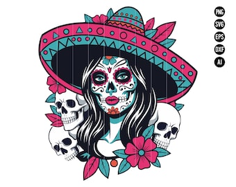 May include: A Day of the Dead-themed illustration featuring a woman with sugar skull makeup, a sombrero, and three skulls. The design uses pink, teal, black, and white colors, with floral accents.