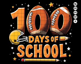 May include: Orange and brown football-shaped graphic with the number 100 and the text "Days of School". A yellow and brown football helmet is on the left side of the graphic. A yellow pencil is on the bottom of the graphic.
