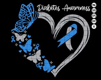 May include: A blue ribbon in the shape of a heart with the text "Diabetes Awareness" above it.  The heart is surrounded by a cluster of blue butterflies.