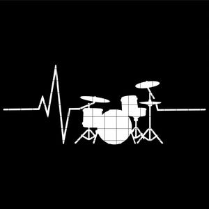 May include: A black and white silhouette of a drum set with a heartbeat line behind it. The drum set includes a bass drum, two toms, and a cymbal.