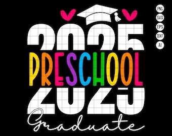 May include: A white graduation cap with a rainbow colored "Preschool 2023 Graduate" text. The year is in a grid pattern and the text is in a bold, colorful font.