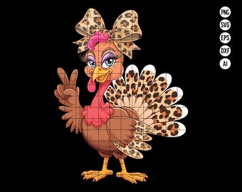 Cute Thanksgiving Turkey with Leopard Bow SVG PNG, Adorable Leopard Print Turkey Design, Fall Clipart for Kids and Thanksgiving Crafts