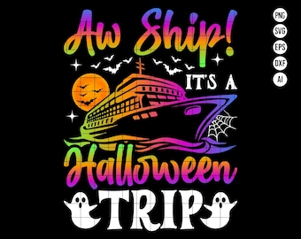 Könnte beinhalten: Ein farbenfrohes Grafikdesign auf schwarzem Hintergrund. Es zeigt ein Kreuzfahrtschiff mit dem Text "Aw Ship! It's a Halloween Trip" in Regenbogenfarben. Enthält Fledermäuse, einen Mond, ein Spinnennetz und Geister.