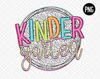May include: A colorful graphic design with the text "kindergarten" in a circle with a black and white polka dot pattern.