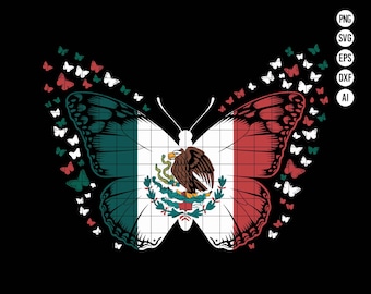 May include: A green, white, and red butterfly with the Mexican flag on its wings. The butterfly is surrounded by smaller butterflies in various colors.