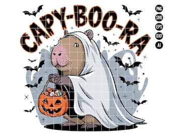 May include: A cartoon capybara dressed as a ghost holding a trick-or-treat bag with candy. The capybara is wearing a white ghost costume with a hood. The background is a gray and white pattern with bats.