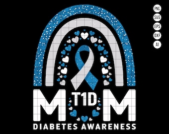 SVG de concientización sobre la diabetes para mamás con diabetes tipo 1, diseño de arcoíris con lazo azul, clipart de apoyo para la diabetes tipo 1, SVG para mamás con diabetes, descarga digital
