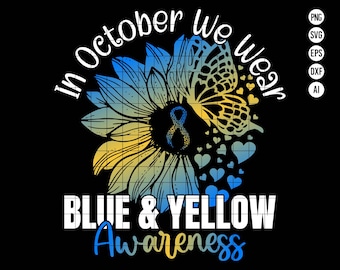 May include: In October we wear blue and yellow sunflower with a butterfly and ribbon for awareness.