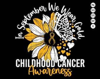Puede incluir: Gráfico de concienciación sobre el cáncer infantil "En septiembre, usamos oro" con un diseño de girasol y mariposa.