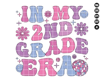 May include: A colorful graphic design with the text "In My 2nd Grade Era" in a retro style. The design features pink, purple, and blue colors with a disco ball and flowers.