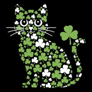 May include: A black cat silhouette made of green shamrocks and white four-leaf clovers. The cat is sitting with its tail curled around its body.