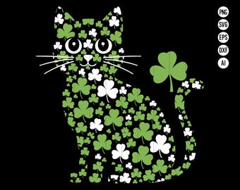May include: A black cat silhouette made of green shamrocks and white four-leaf clovers. The cat is sitting with its tail curled around its body.