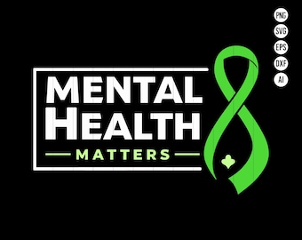 May include: Green ribbon awareness symbol with the text "Mental Health Matters" in white letters on a black background.