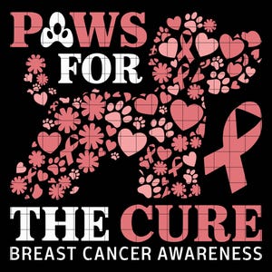 以下が含まれることがあります： 「Paws for the Cure」と「Breast Cancer Awareness」のテキストが入ったグラフィックデザイン。犬のシルエットは、足跡、ハート、ピンクのリボンで構成され、黒い背景に配置されています。