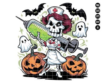 Spooky Nurse Skeleton Halloween Art, Creepy Nurse with Giant Syringe PNG, Digital Download for Halloween Nurse, Halloween Clipart