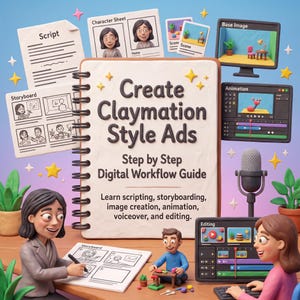 Op de afbeelding: Een spiraalgebonden notitieboek met de titel Create Claymation Style Ads Step by Step Digital Workflow Guide, omringd door klei-stijl illustraties van een script, storyboard, karakterbladen, animatiesoftware, een microfoon en twee werkende figuren.