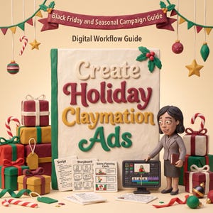 May include: A claymation-style guide titled Black Friday and Seasonal Campaign Guide and Digital Workflow Guide. The central book cover reads Create Holiday Claymation Ads, surrounded by gift boxes, ornaments, and a clay figure near a monitor.
