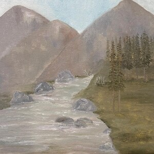 Peinture à l&#39;huile originale faite main, collines au bord d&#39;un ruisseau