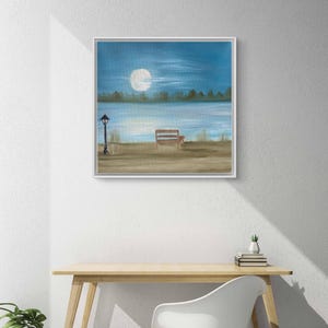 Handmade oil painting bench by the lake