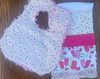 NEW…Polka Dots and Popsicles Infant Bib and Burp Cloth Set