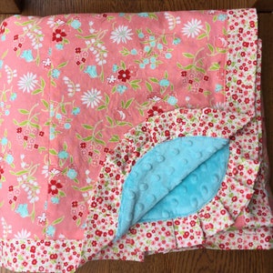 Salmon Pink and Aqua Flower HUGE Minky Blanket - Adult Wrap Around Size...Personalization Available