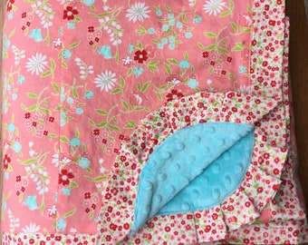 Salmon Pink and Aqua Flower HUGE Minky Blanket - Adult Wrap Around Size...Personalization Available