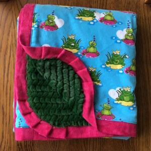 Frog Prince Flannel and Minky - LAP sized Blanket...Can Be Personalized