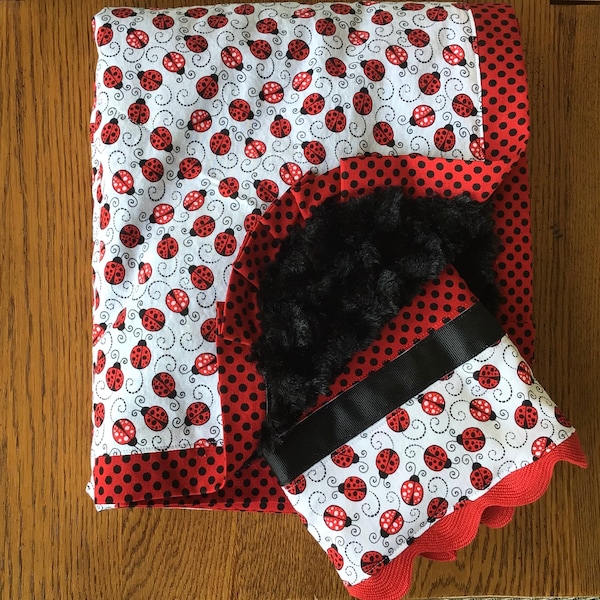 Ladybug Minky Blanket and Burp Cloth Set...PERSONALIZATION AVAILABLE