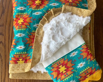Aqua and Cream Southwest Minky Blanket and Burp Cloth Set...PERSONALIZATION AVAILABLE