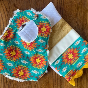 Aqua and Cream Southwest Aztec Minky Baby/Toddler Bib and Burp Cloth Set