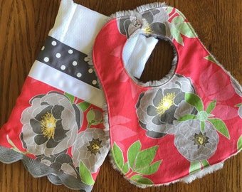 Pink and Gray Poeny Infant Bib and Burp Cloth Set