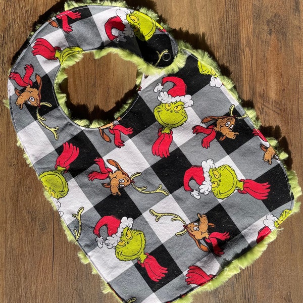 NEW…Black and White Buffalo Plaid Grinch and Max Bib Baby/Toddler Size