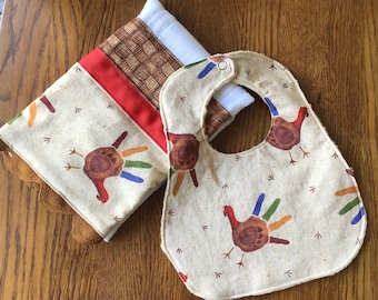 Turkey Hand - Thanksgiving Infant Bib and Burp Cloth Set