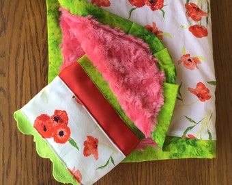 NEW…Blush Poppy Minky Blanket and Burp Cloth Set...Can Be Personalized