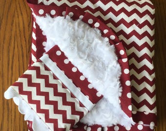 Maroon and White Chevron Blanket and Burp Cloth Set...PERSONALIZATION AVAILABLE